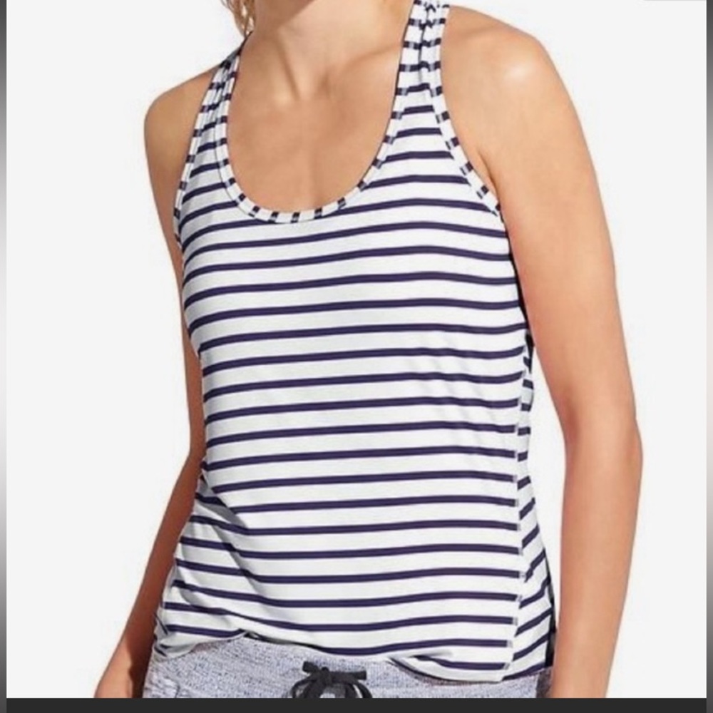 Athleta Chi navy blue and white striped racerback workout top